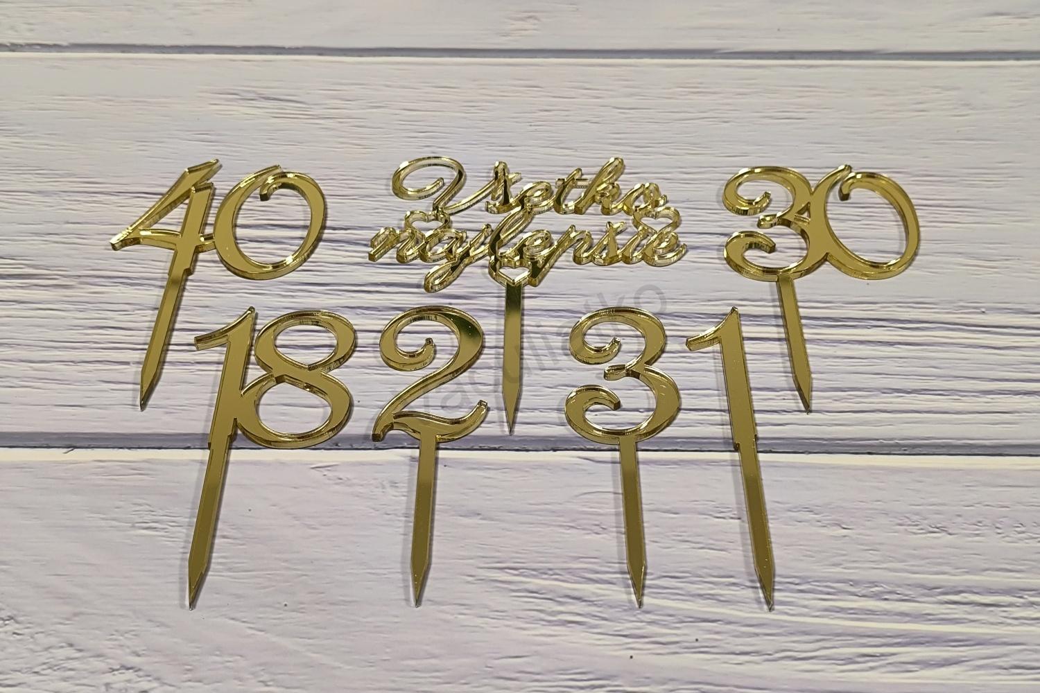 Zrkadlové plexi - zápich Všetko najlepšie + číslo na želanie (v02, F-zlatá, hr.2mm, 12cm)