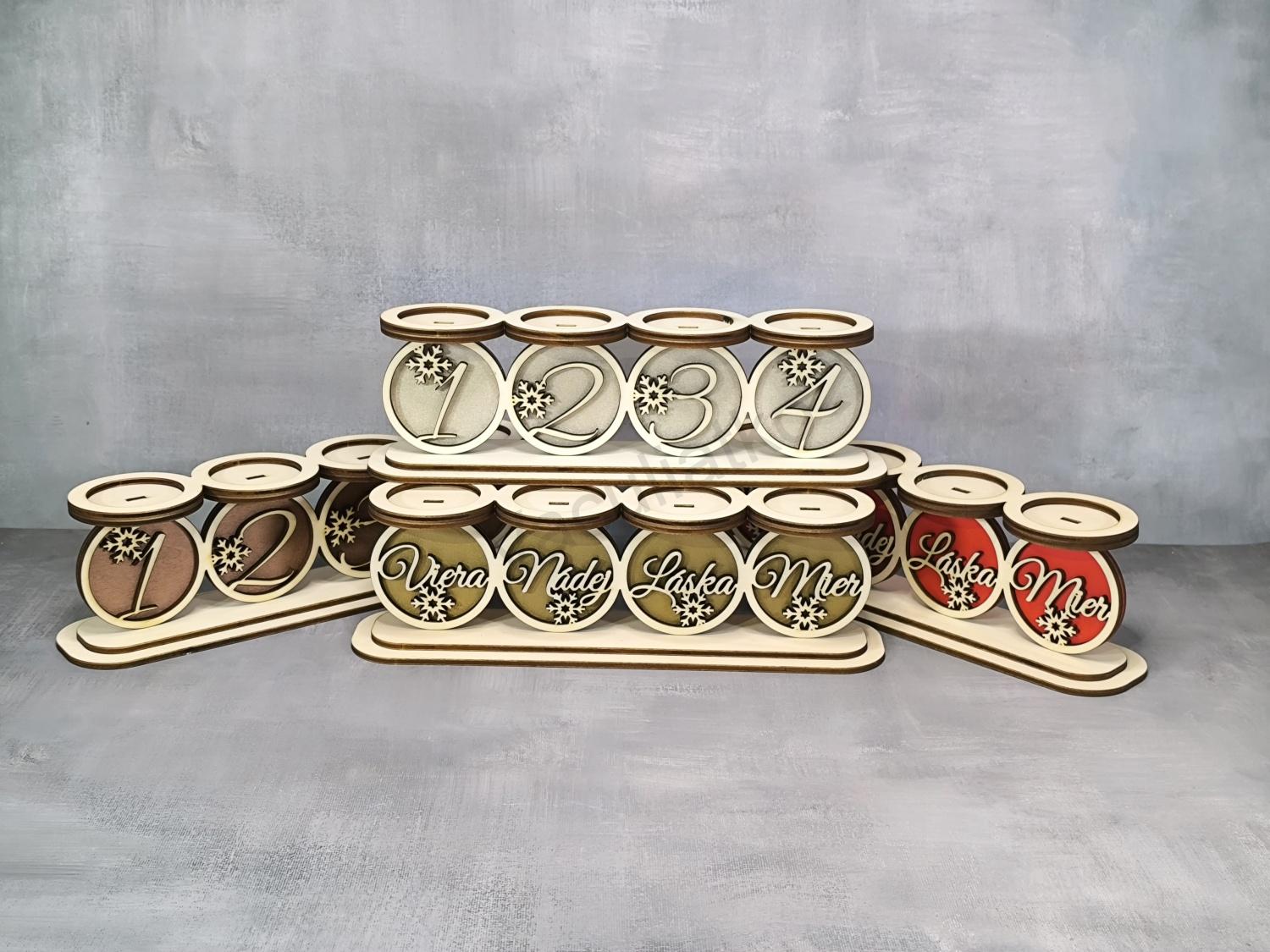 Drevený svietnik advent - Viera Nádej Láska Mier, strieborný 29,5x8,5cm