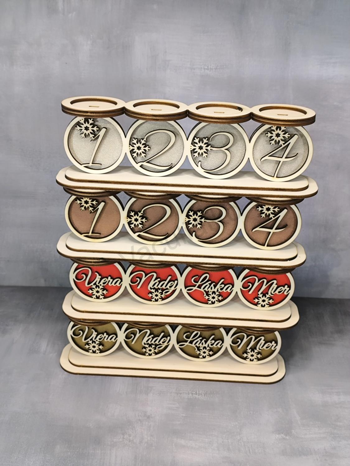 Drevený svietnik advent - Viera Nádej Láska Mier, strieborný 29,5x8,5cm