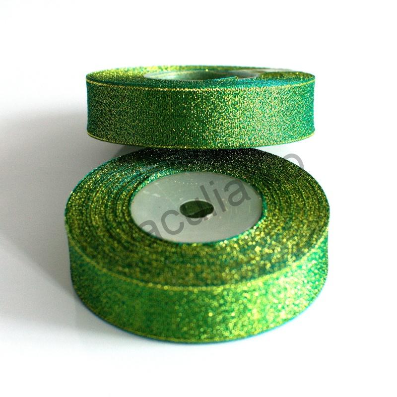 Stuha s trblietkami 25mm - zelená