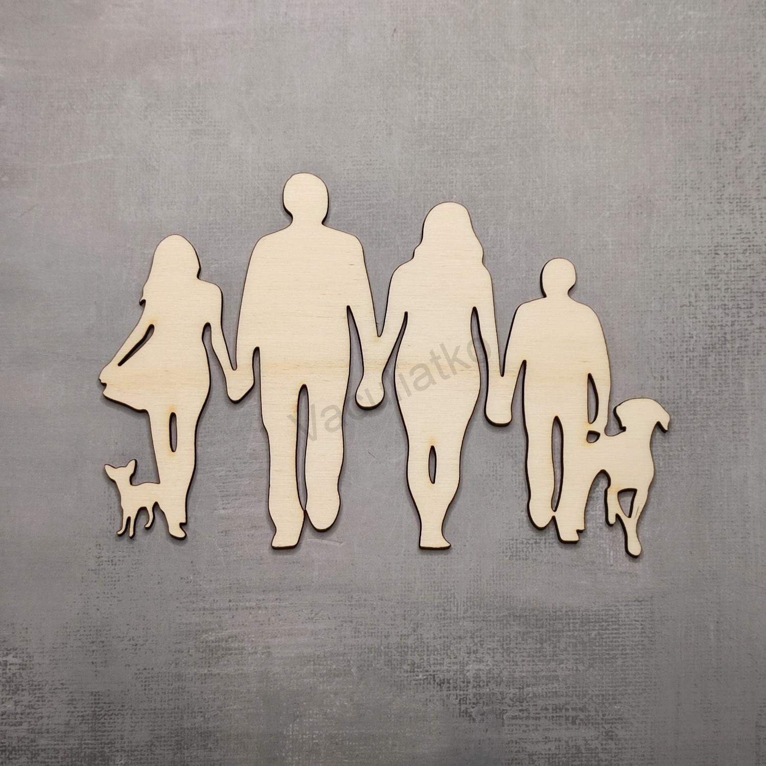 Drevený výrez - Rodina otec, mama, dcéra, syn, pes 15x10cm