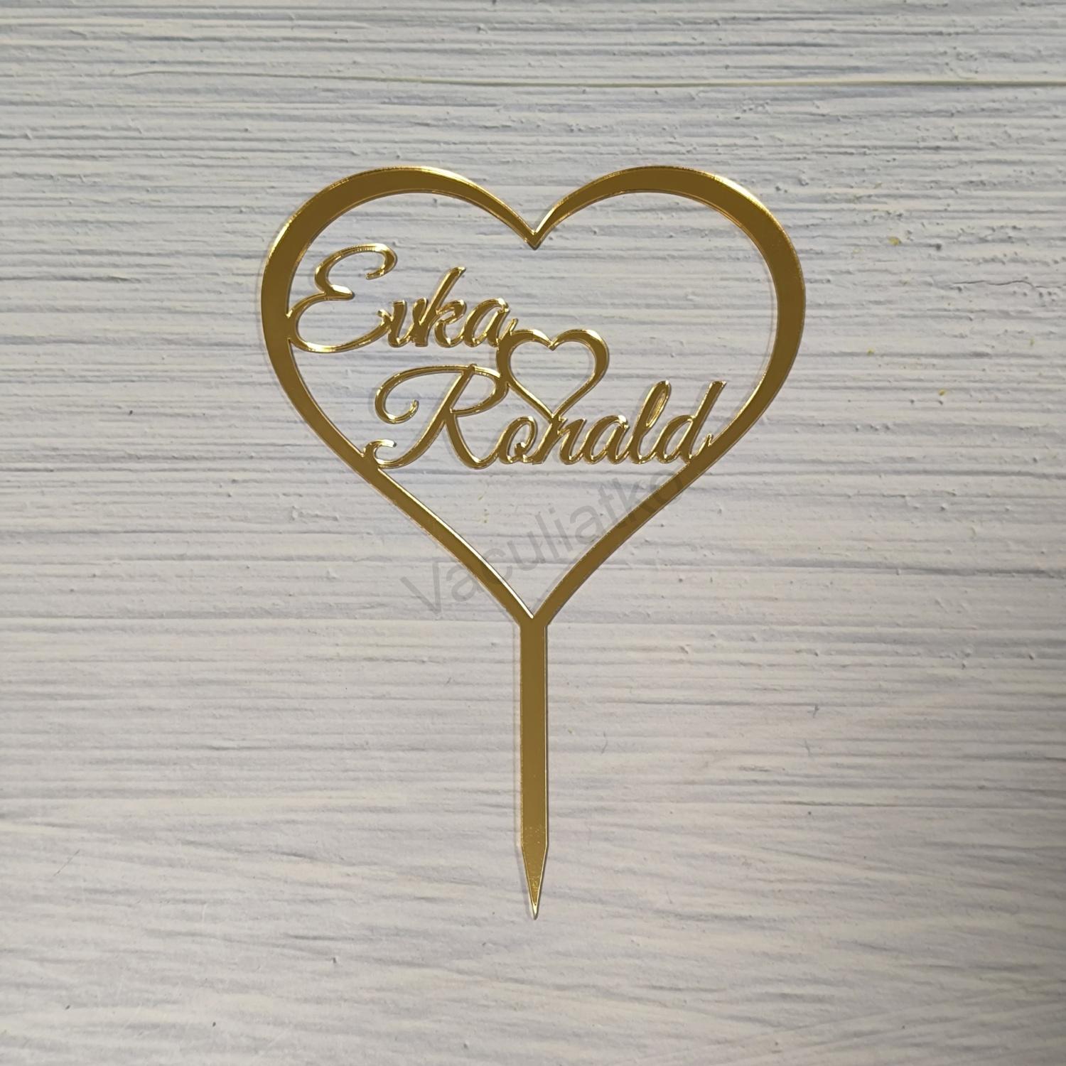 Zrkadlové plexi - srdce zápich mená na želanie (F-zlatá, hr.2mm, šírka 15cm)