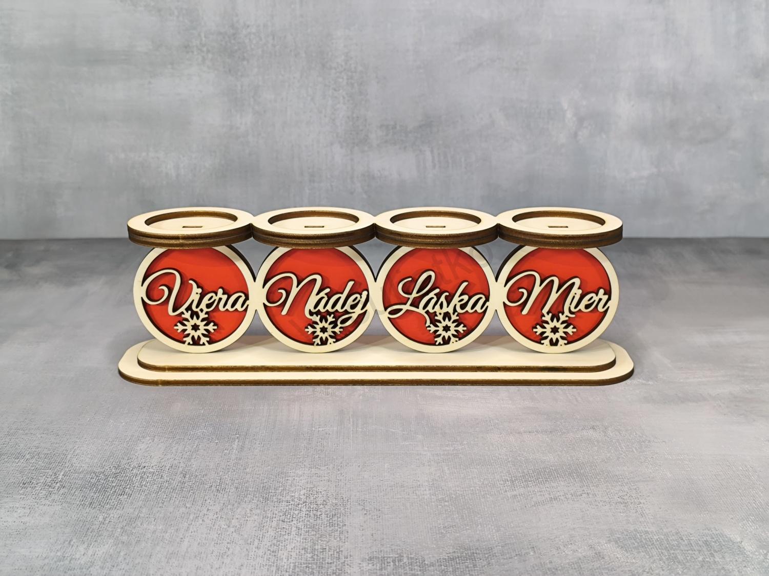 Drevený svietnik advent - Viera Nádej Láska Mier, červený 29,5x8,5cm