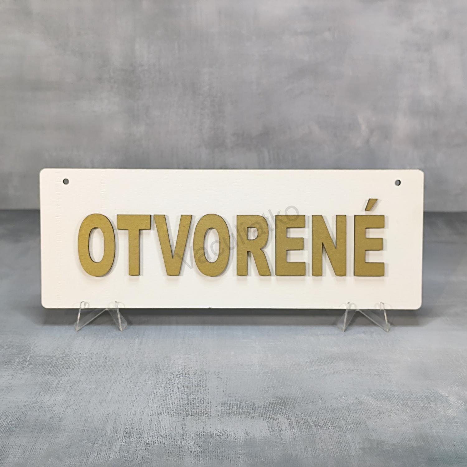 Drevená tabuľka biela 1ks - Otvorené / Zatvorené 30x11cm 2x dierka, hr. 5mm + 2x nápis hr. 3mm, tlač., zlatý