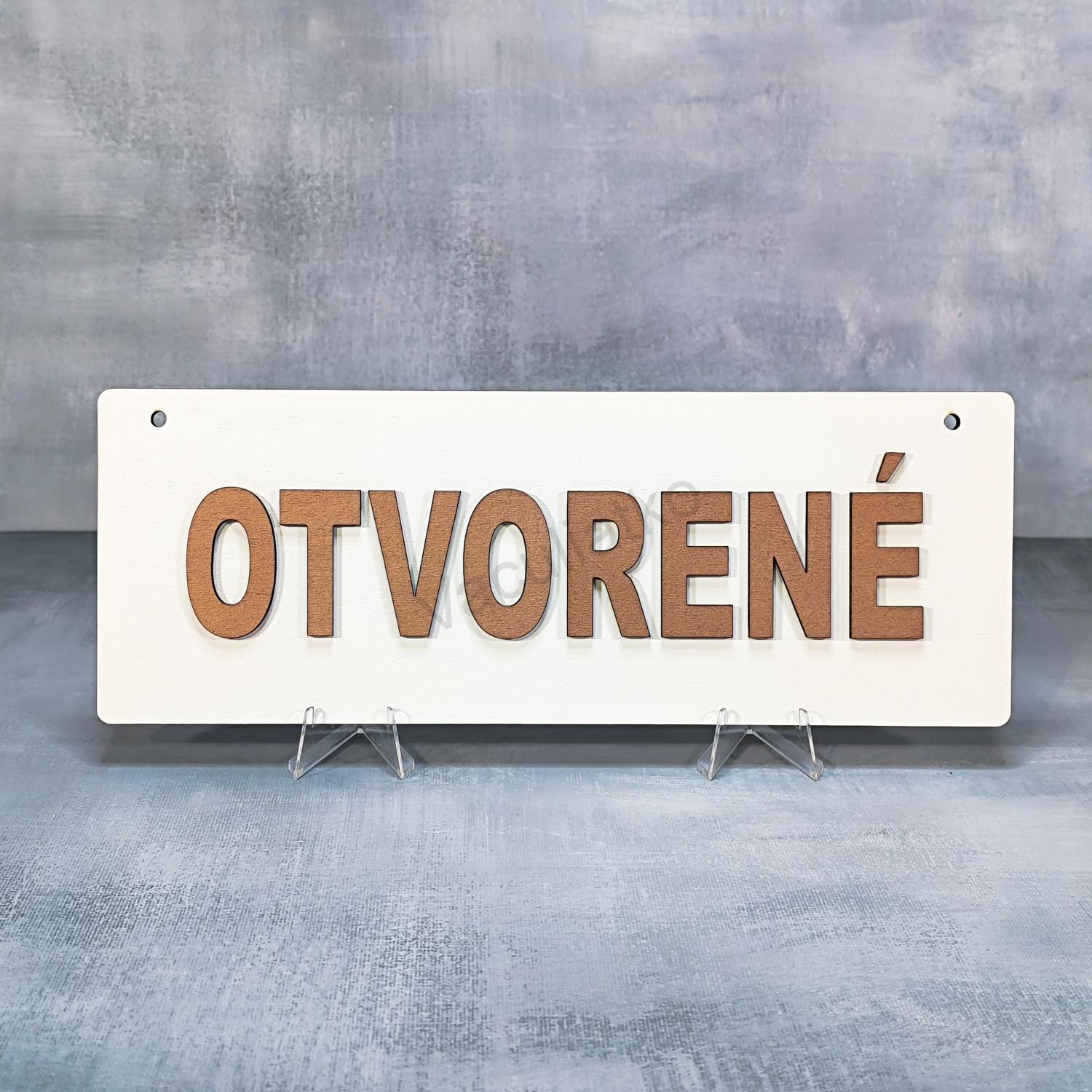 Drevená tabuľka biela 1ks - Otvorené / Zatvorené 30x11cm 2x dierka, hr. 5mm + 2x nápis hr. 3mm, tlač., medený