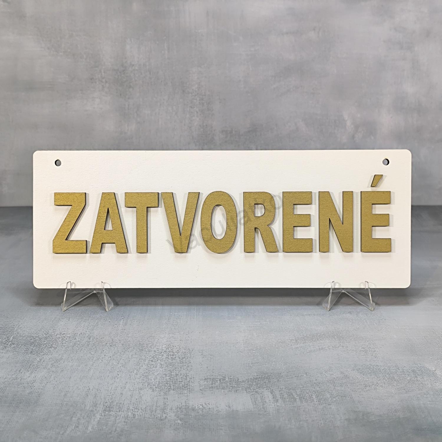 Drevená tabuľka biela 1ks - Otvorené / Zatvorené 30x11cm 2x dierka, hr. 5mm + 2x nápis hr. 3mm, tlač., zlatý