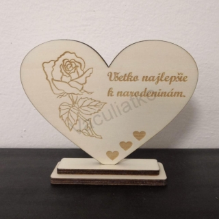 Drevená dekorácia - srdce s textom 13x10cm "Všetko najlepšie k ..." (ruža)