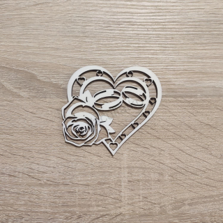 Drevený výrez - srdce s obrúčkami, ruža 9x8cm